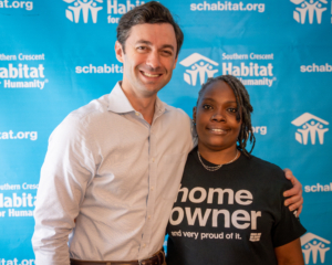 Senator Jon Ossoff with Southern Crescent Homeowner Tanjills Sawyer
